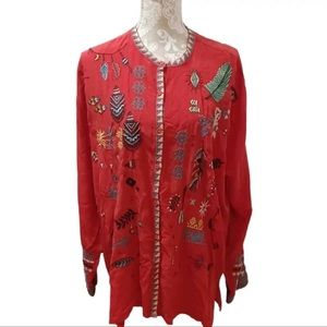 Johnny Was red silk long sleeve embroidered blouse